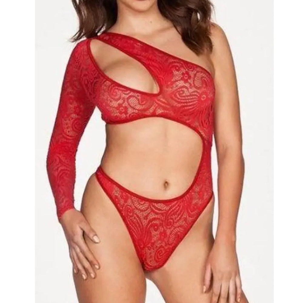 NEW Frederick's Of Hollywood Kerry Asymmetrical Bodysuit Sz:Small Red Lace